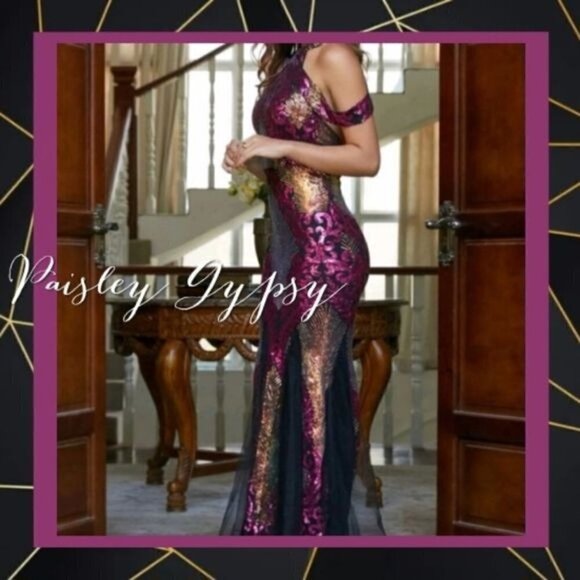 MULTICOLOR PLANTS PATTERN SEQUINED HALTER MERMAID GOWN - Picture 5 of 10